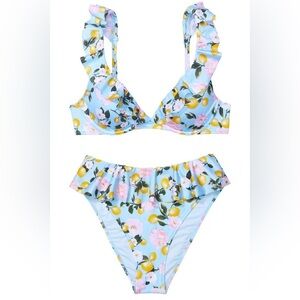 Victoria’s Secret blue swimsuit set ruffle high waist bottom pink flower lemon